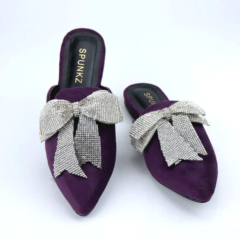 Velvet Loafers Mules Rhinestone Bow Fancy Cut Shoes
