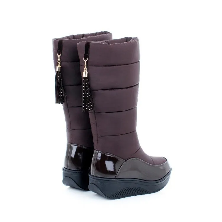 Women's down cloth mid calf snow boots winter warm chunky wedge snow boots