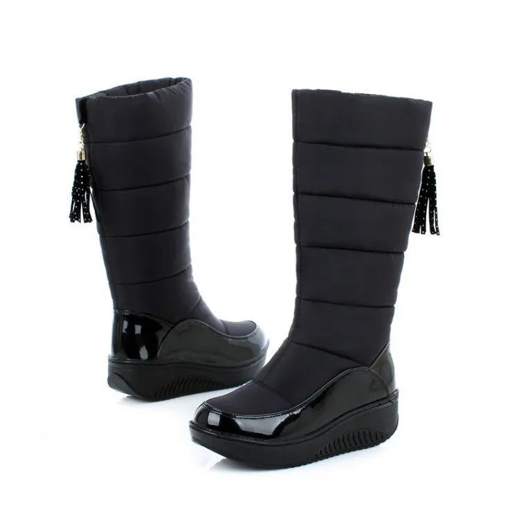 Women's down cloth mid calf snow boots winter warm chunky wedge snow boots