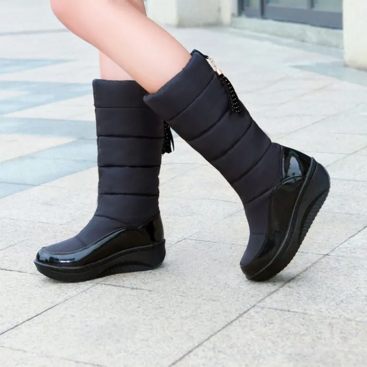 Women's down cloth mid calf snow boots winter warm chunky wedge snow boots