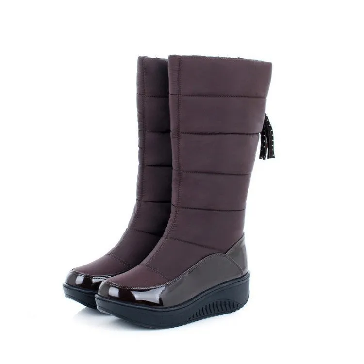 Women's down cloth mid calf snow boots winter warm chunky wedge snow boots