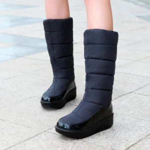 Women's down cloth mid calf snow boots winter warm chunky wedge snow boots