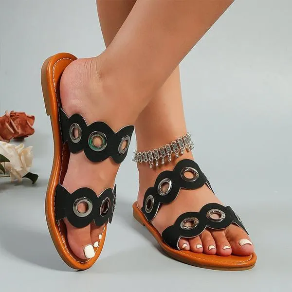 Women's Metal Ring Hollow Flat Casual Slippers 85390829S