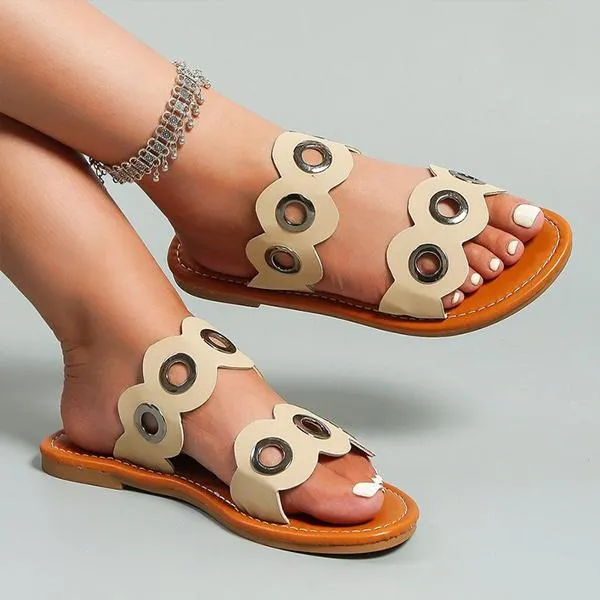 Women's Metal Ring Hollow Flat Casual Slippers 85390829S