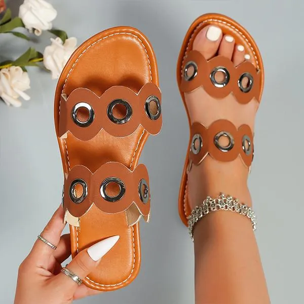 Women's Metal Ring Hollow Flat Casual Slippers 85390829S