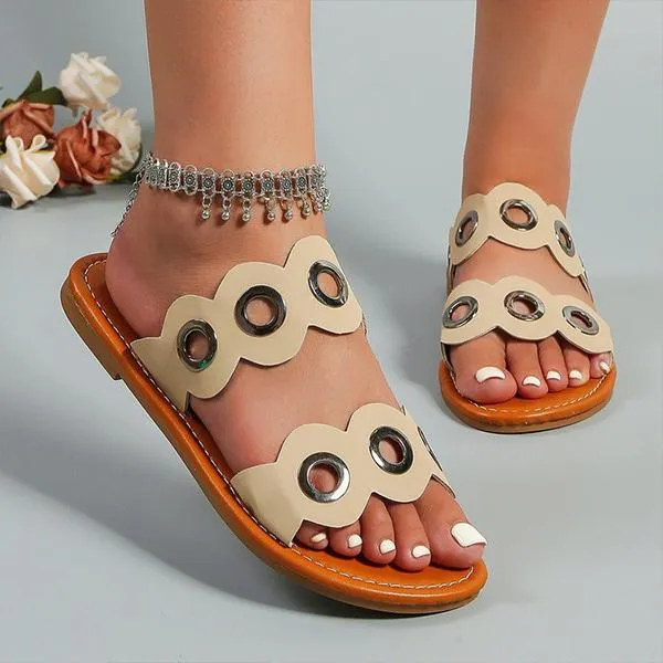 Women's Metal Ring Hollow Flat Casual Slippers 85390829S