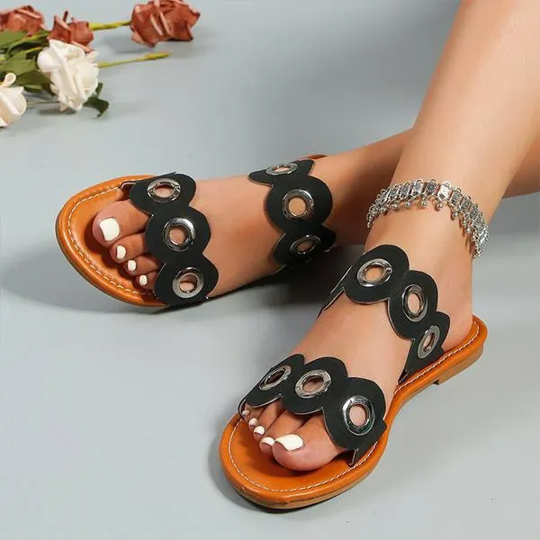 Women's Metal Ring Hollow Flat Casual Slippers 85390829S