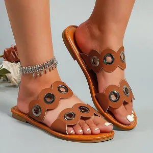 Women's Metal Ring Hollow Flat Casual Slippers 85390829S