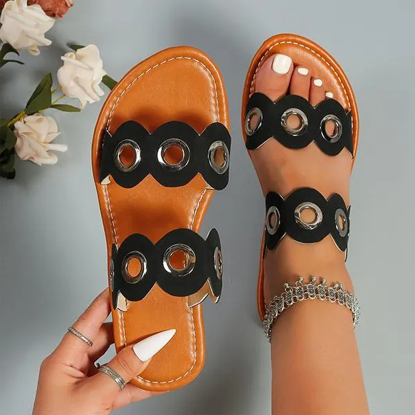Women's Metal Ring Hollow Flat Casual Slippers 85390829S